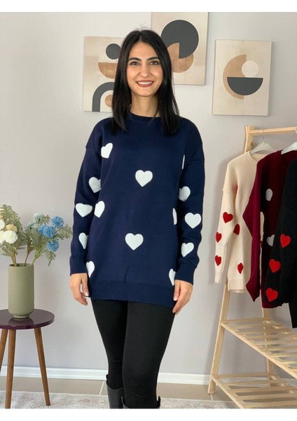 Kadın Bisiklet Yaka Kalpli Triko Kazak Lacivert M