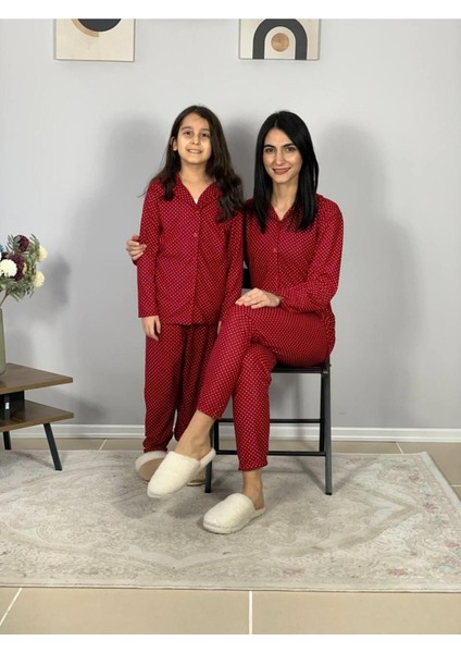 Anne Kız Kombin Önden Düğmeli Bebe Yaka %100 Pamuk Pijama Takımı