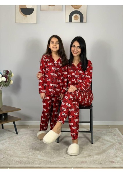 Anne Kız Kombin Önden Düğmeli Bebe Yaka %100 Pamuk Girl Desenli P