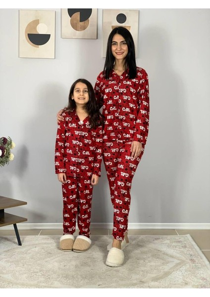 Anne Kız Kombin Önden Düğmeli Bebe Yaka %100 Pamuk Girl Desenli P