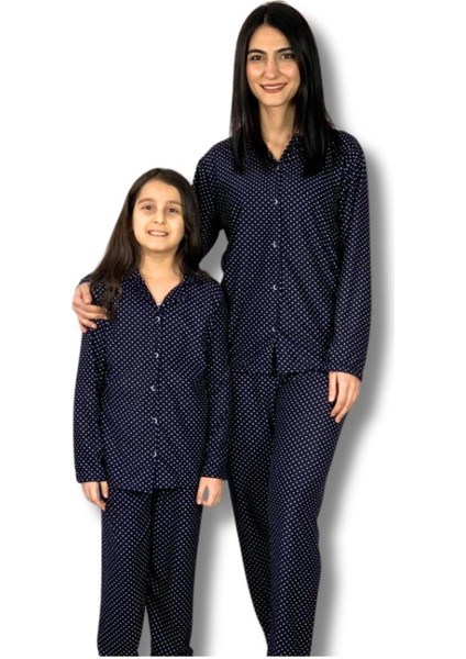 Anne Kız Kombin Önden Düğmeli Bebe Yaka %100 Pamuk Pijama Takımı