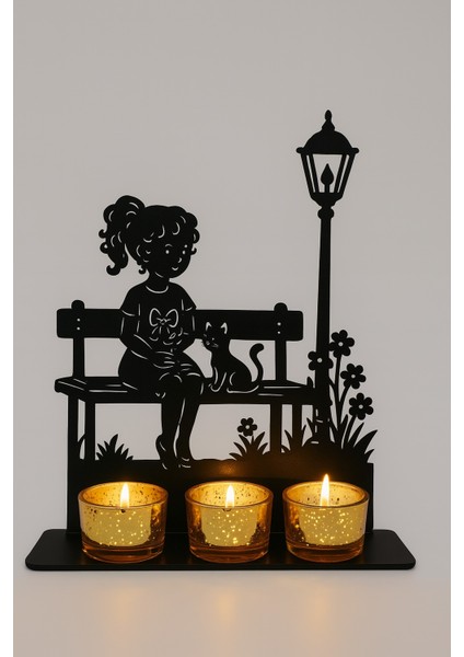 Rustik Metal Siluet Dekor – Bankta Kız ve Kedi Tasarımı, Retro Ev Aksesuarı