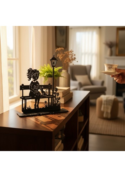 Rustik Metal Siluet Dekor – Bankta Kız ve Kedi Tasarımı, Retro Ev Aksesuarı