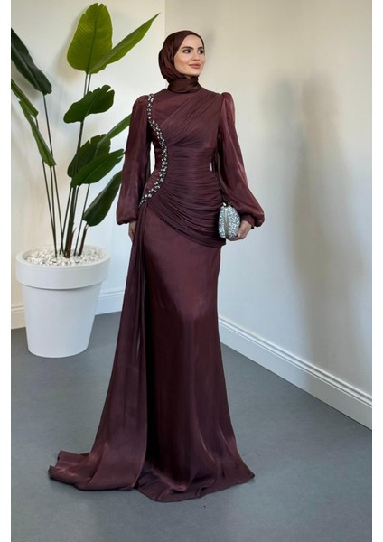 Ansel Yandan Taşlı Drapeli Janjan Abiye Gül Kurusu