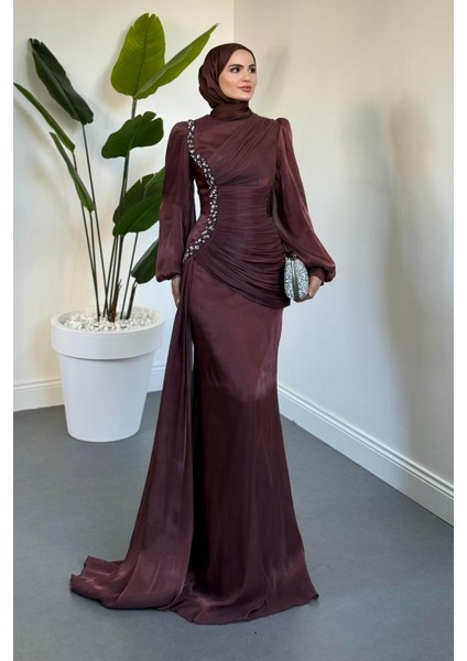 Ansel Yandan Taşlı Drapeli Janjan Abiye Gül Kurusu fiyatları