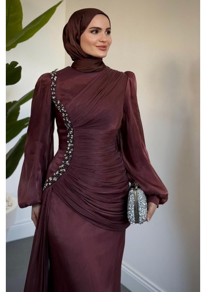 Ansel Yandan Taşlı Drapeli Janjan Abiye Gül Kurusu modelleri