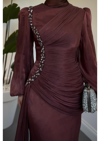 Ansel Yandan Taşlı Drapeli Janjan Abiye Gül Kurusu fırsatları