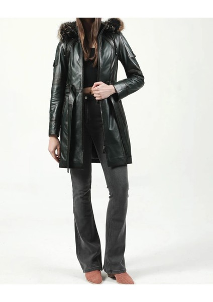 hakiki deri kaban trençkot kapşonlu gerçek kürk deri kaban