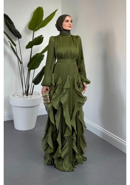 Noveline Eteği Fırfırlı Jan Jan Abiye Haki