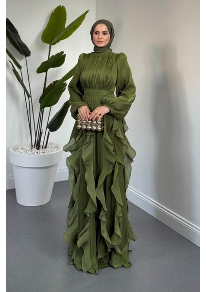 Noveline Eteği Fırfırlı Jan Jan Abiye Haki fiyatları