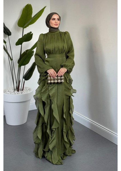 Noveline Eteği Fırfırlı Jan Jan Abiye Haki modelleri