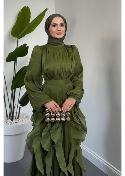 Noveline Eteği Fırfırlı Jan Jan Abiye Haki fırsatları