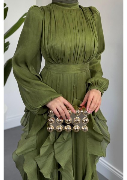 Noveline Eteği Fırfırlı Jan Jan Abiye Haki