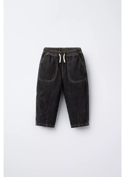Erkek Çocuk Pamuklu Siyah Denim Jogger Pantolon – Büyük Cepli, Lastik Belli