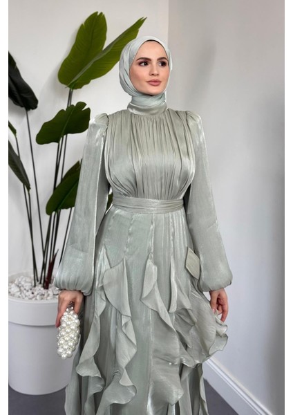 Noveline Eteği Fırfırlı Jan Jan Abiye Mint modelleri