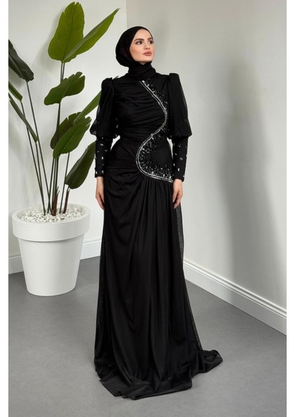 Aveline Yandan Taşlı Tül Abiye Siyah