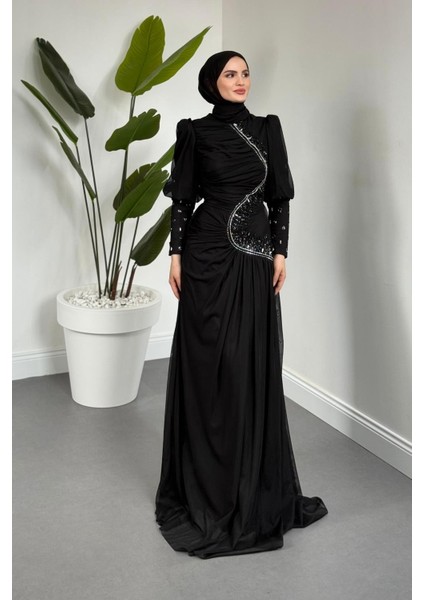Aveline Yandan Taşlı Tül Abiye Siyah fiyatları