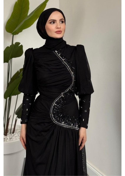 Aveline Yandan Taşlı Tül Abiye Siyah modelleri