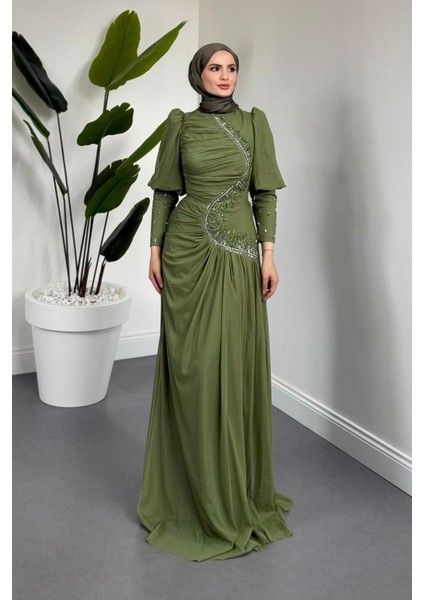 Aveline Yandan Taşlı Tül Abiye Haki