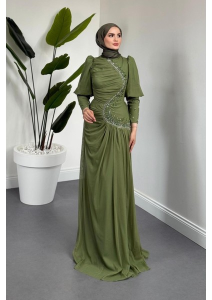 Aveline Yandan Taşlı Tül Abiye Haki fiyatları