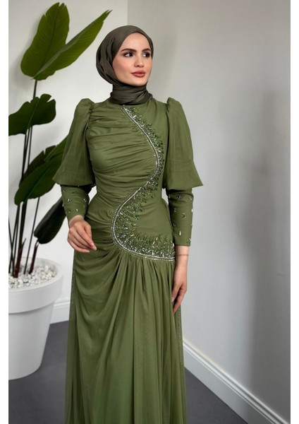 Aveline Yandan Taşlı Tül Abiye Haki modelleri