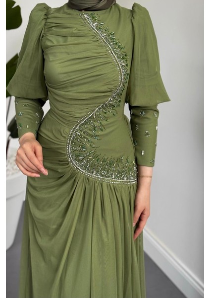 Aveline Yandan Taşlı Tül Abiye Haki fırsatları