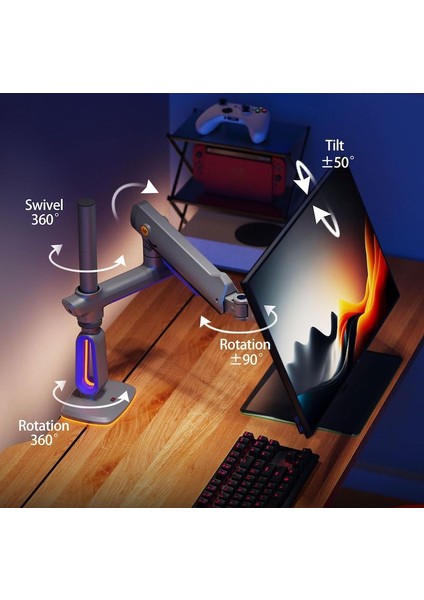 North Bayou G80 F7-Gaming, 2-20 kg Uyumlu, 27INCH-60INCH Aralığında Büyük Ekranlar Için Rgb Aydınlatmalı Profesyonel Ergonomik Oyuncu Monitör Standı ve Iş Monitör Standı