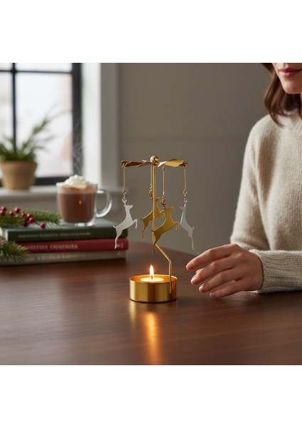 Altın Renkli Döner Ren Geyiği Dekoru – Mum Isısıyla Dönen Yılbaşı Süsü indirimleri