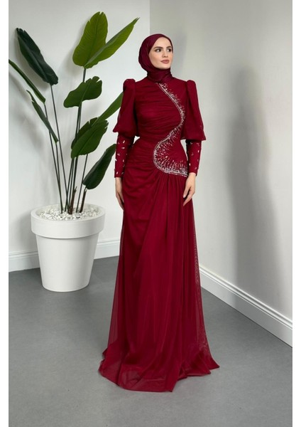 Aveline Yandan Taşlı Tül Abiye Bordo