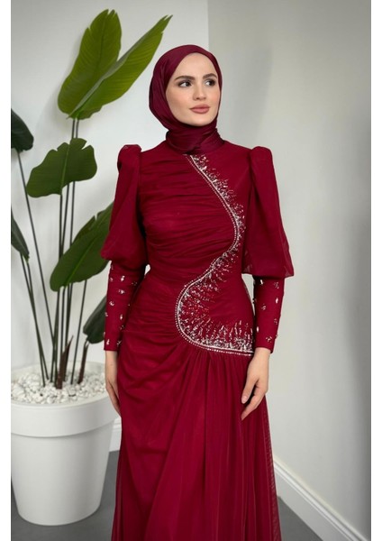 Aveline Yandan Taşlı Tül Abiye Bordo fiyatları