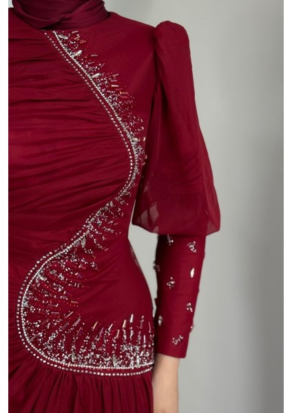 Aveline Yandan Taşlı Tül Abiye Bordo modelleri