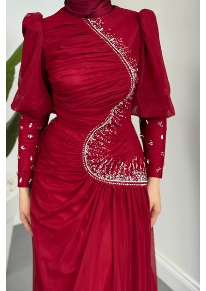 Aveline Yandan Taşlı Tül Abiye Bordo fırsatları