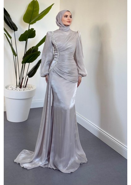 Ansel Yandan Taşlı Drapeli Janjan Abiye Taş