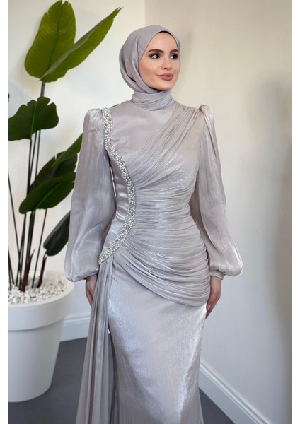 Ansel Yandan Taşlı Drapeli Janjan Abiye Taş fiyatları