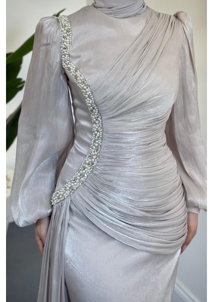 Ansel Yandan Taşlı Drapeli Janjan Abiye Taş modelleri