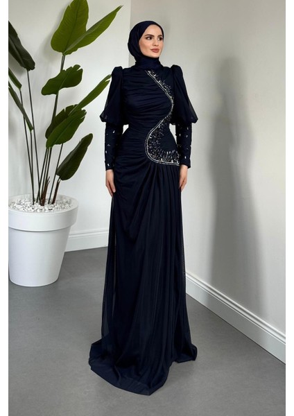 Aveline Yandan Taşlı Tül Abiye Lacivert