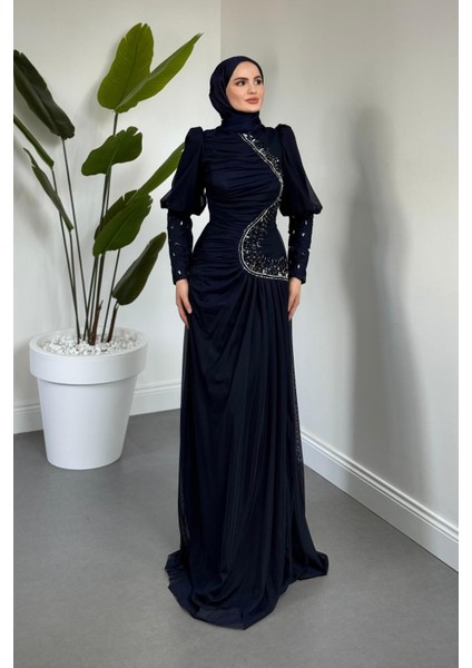 Aveline Yandan Taşlı Tül Abiye Lacivert fiyatları