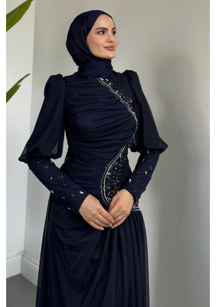 Aveline Yandan Taşlı Tül Abiye Lacivert modelleri
