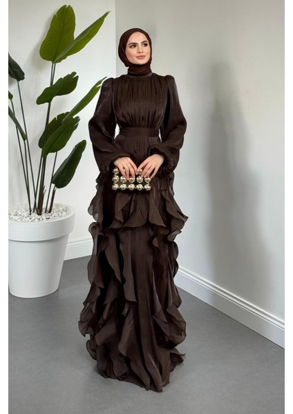 Noveline Eteği Fırfırlı Jan Jan Abiye Acı Kahve