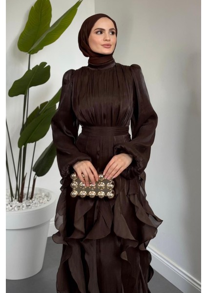 Noveline Eteği Fırfırlı Jan Jan Abiye Acı Kahve modelleri