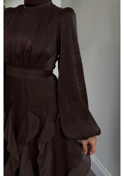 Noveline Eteği Fırfırlı Jan Jan Abiye Acı Kahve indirimleri