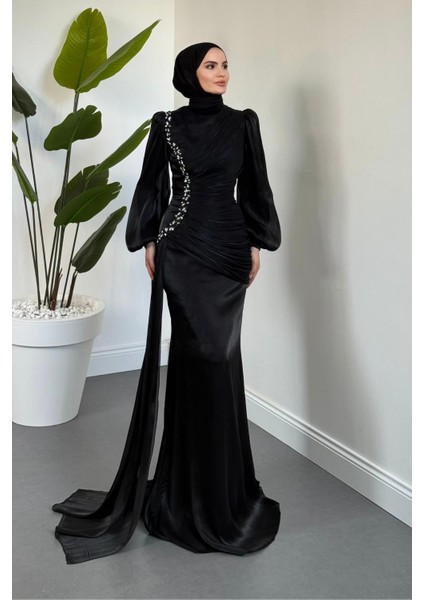 Ansel Yandan Taşlı Drapeli Janjan Abiye Siyah