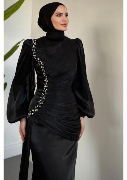 Ansel Yandan Taşlı Drapeli Janjan Abiye Siyah modelleri