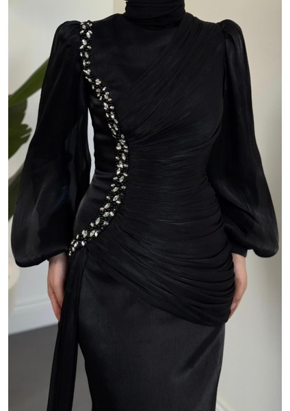 Ansel Yandan Taşlı Drapeli Janjan Abiye Siyah fırsatları