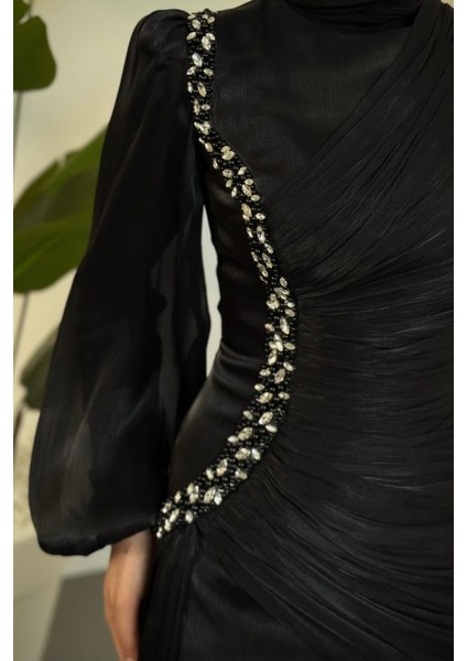 Ansel Yandan Taşlı Drapeli Janjan Abiye Siyah indirimleri