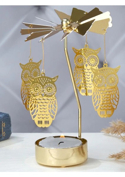 Altın Renkli Isı ile Dönen Baykuş Tasarımlı Dekoratif Metal Mumluk