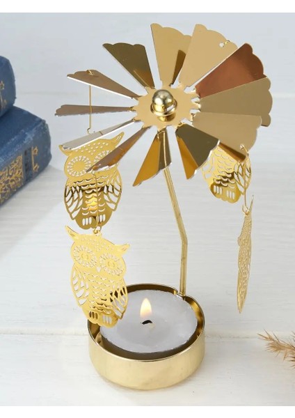 Altın Renkli Isı ile Dönen Baykuş Tasarımlı Dekoratif Metal Mumluk modelleri