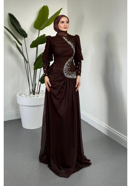 Aveline Yandan Taşlı Tül Abiye Acı Kahve