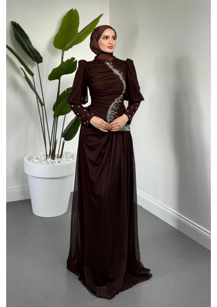 Aveline Yandan Taşlı Tül Abiye Acı Kahve fiyatları