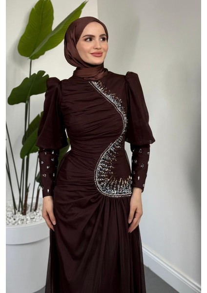 Aveline Yandan Taşlı Tül Abiye Acı Kahve modelleri